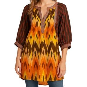 Gregory Parkinson Boho Ikat Stripe Tunic Top Balloon Sleeve Artisan Blouse